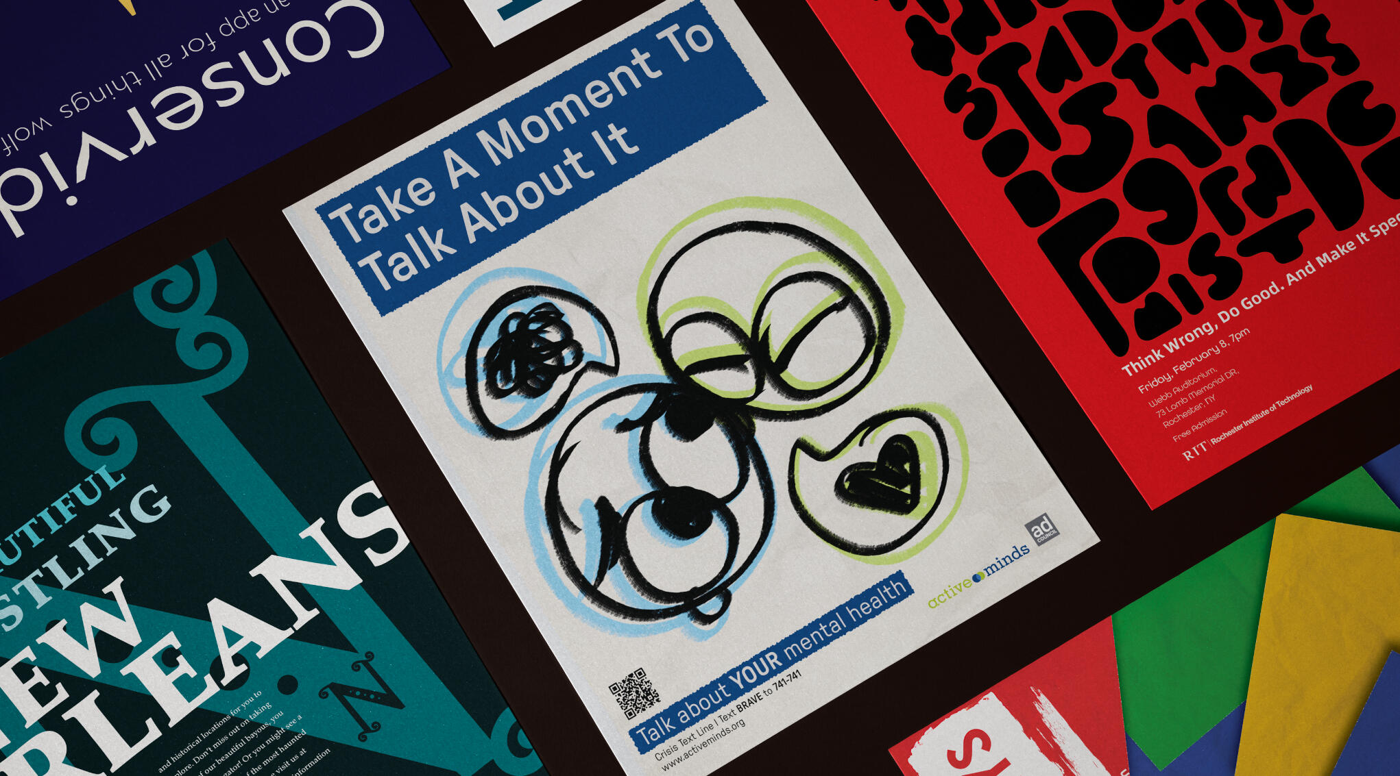 Various poster designs are laid in a grid format diagonally across the image