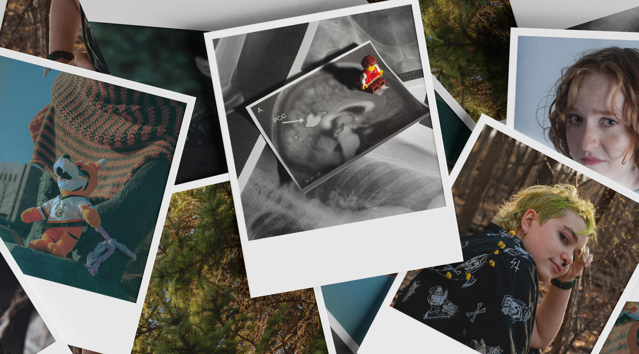 polaroid style images of various photographs are layered in a pile filling the image frame