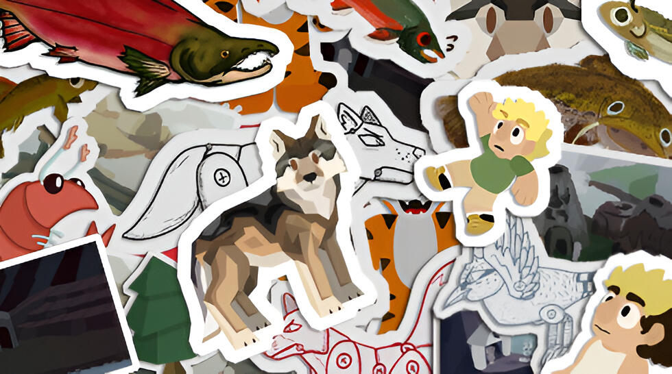 various illustrations have been translated into a pile of stickers, each illustration has a white border around it to imply that they are stickers