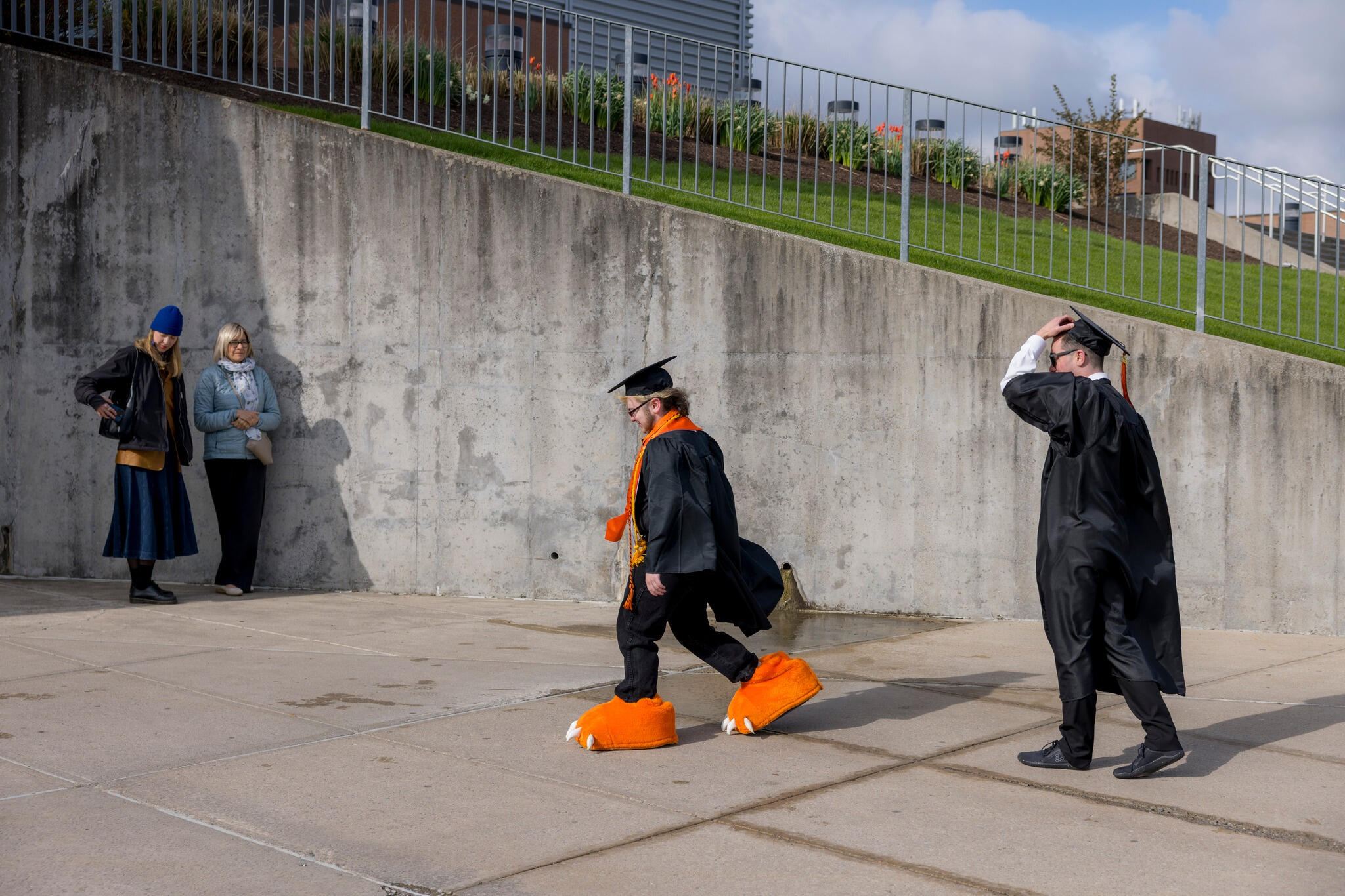 A side profile of Lyle walking in action towards the building with max walking closely behind, both are wearing graduation regalia but Lyle is also wearing tiger mascot feet