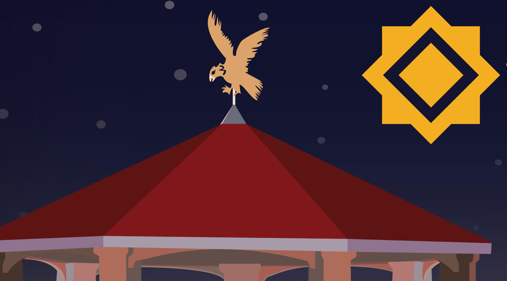 Vector illustration of a red-roofed gazebo with an eagle wind vein against a dark sky. The image also includes a geometric yellow sun in the top right corner