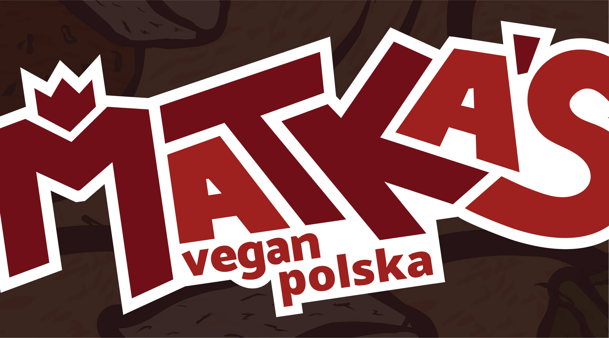 image shows the Matka's vegan polska full logo in reds and white, in the background there are low opacity pierogi illustrations over dark red