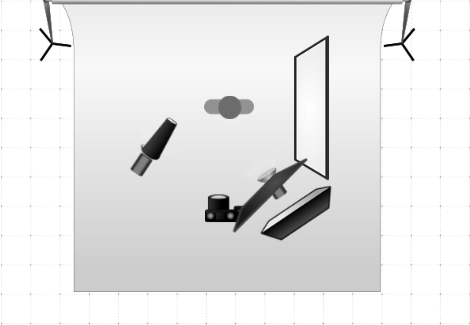 lighting diagrams: snoot w/ gels, soft box on right, strobe on the floor