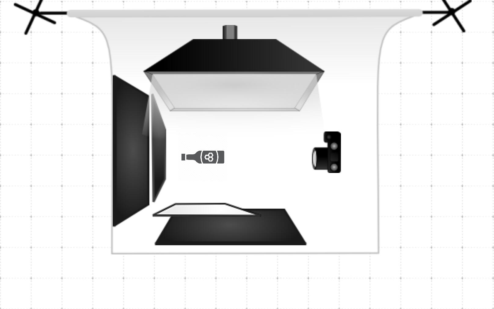 lighting diagram: large soft box pointed at object with black cards on either other side
