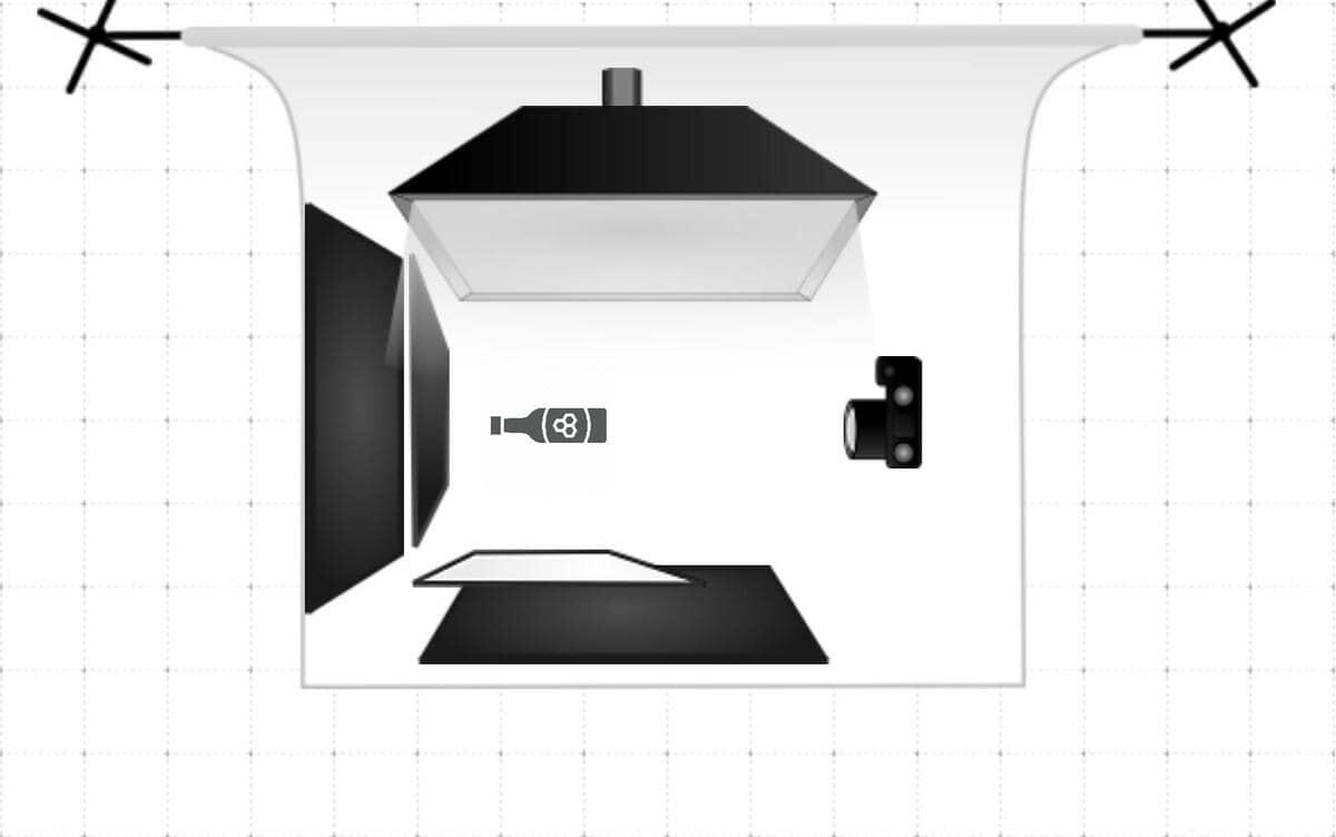 lighting diagram: large soft box pointed at object with black cards on either other side