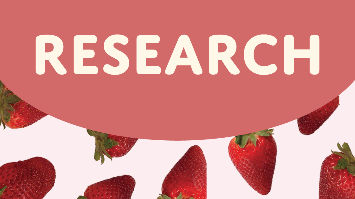 Bold white text reading 'RESEARCH' centered on a curved dark pink banner above a background of scattered strawberries on light pink.